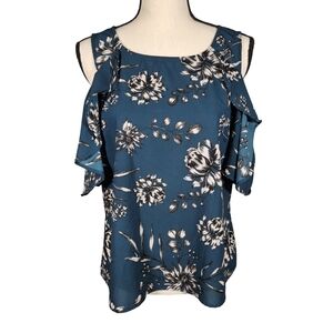 Japna Floral Blouse, Dark Bluegreen/Light Tan Flowers, Large